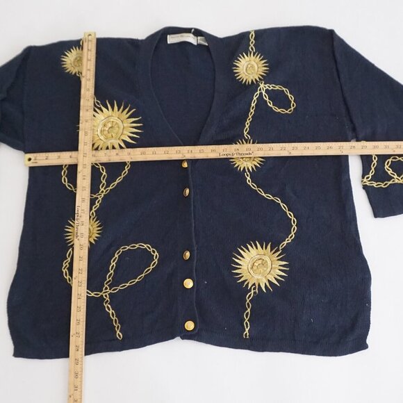 Vintage Maggie Lawrence Navy Gold Sun Chain Embroidered Knit Cardigan 22/24 - Picture 2 of 13